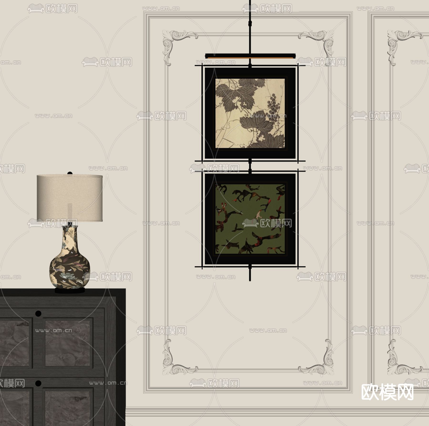 中古风挂画 组合画 装饰画su模型