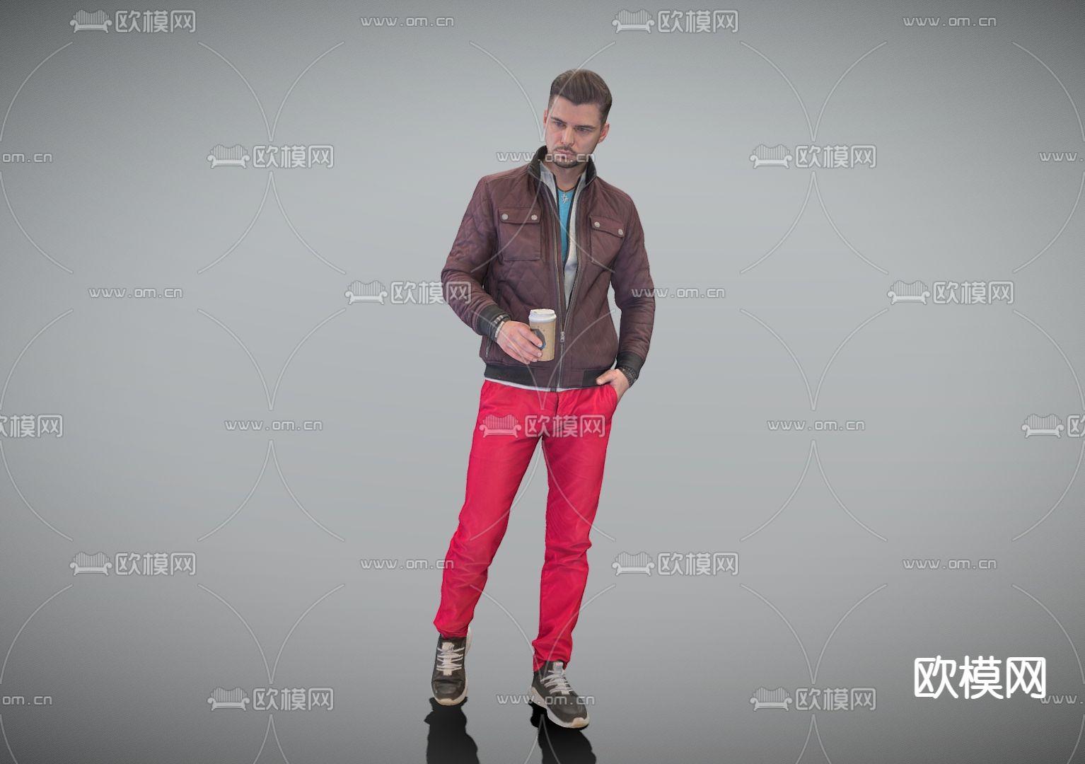 棕色夹克 红裤子 阳光男士穿搭人物su模型下载（渲染图2）