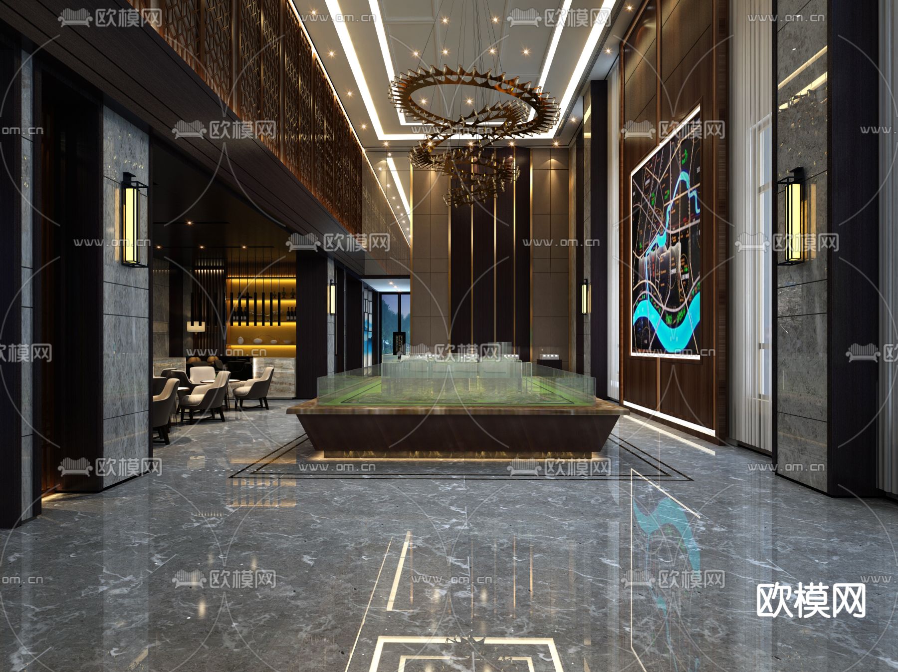 新中式售楼处 沙盘区3d模型下载（渲染图1）