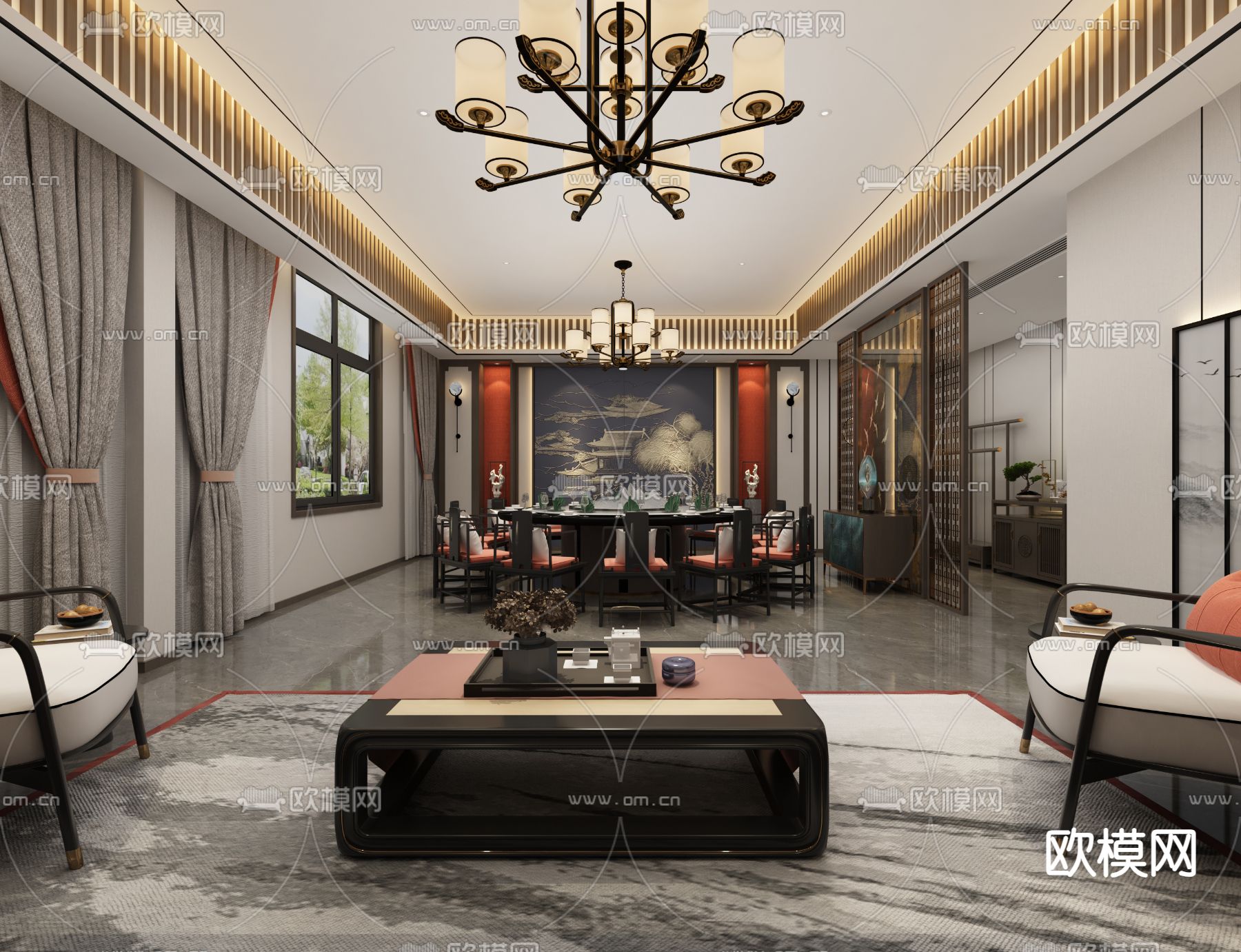 新中式 餐厅包间3d模型下载（渲染图4）