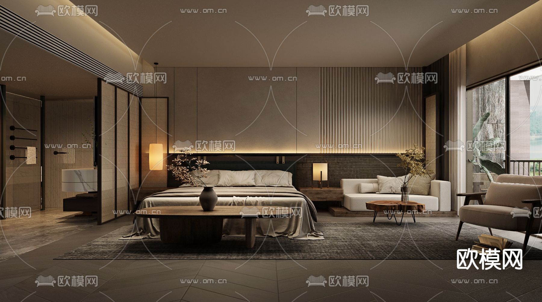 新中式酒店客房 套房3d模型下载