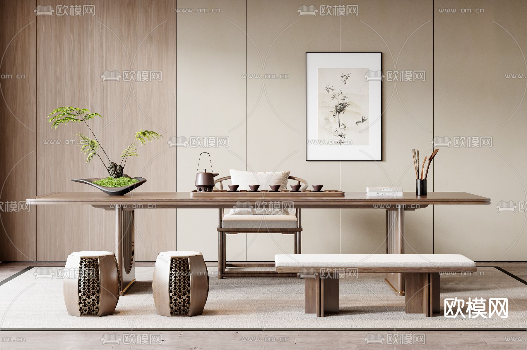 新中式茶桌椅3d模型下载