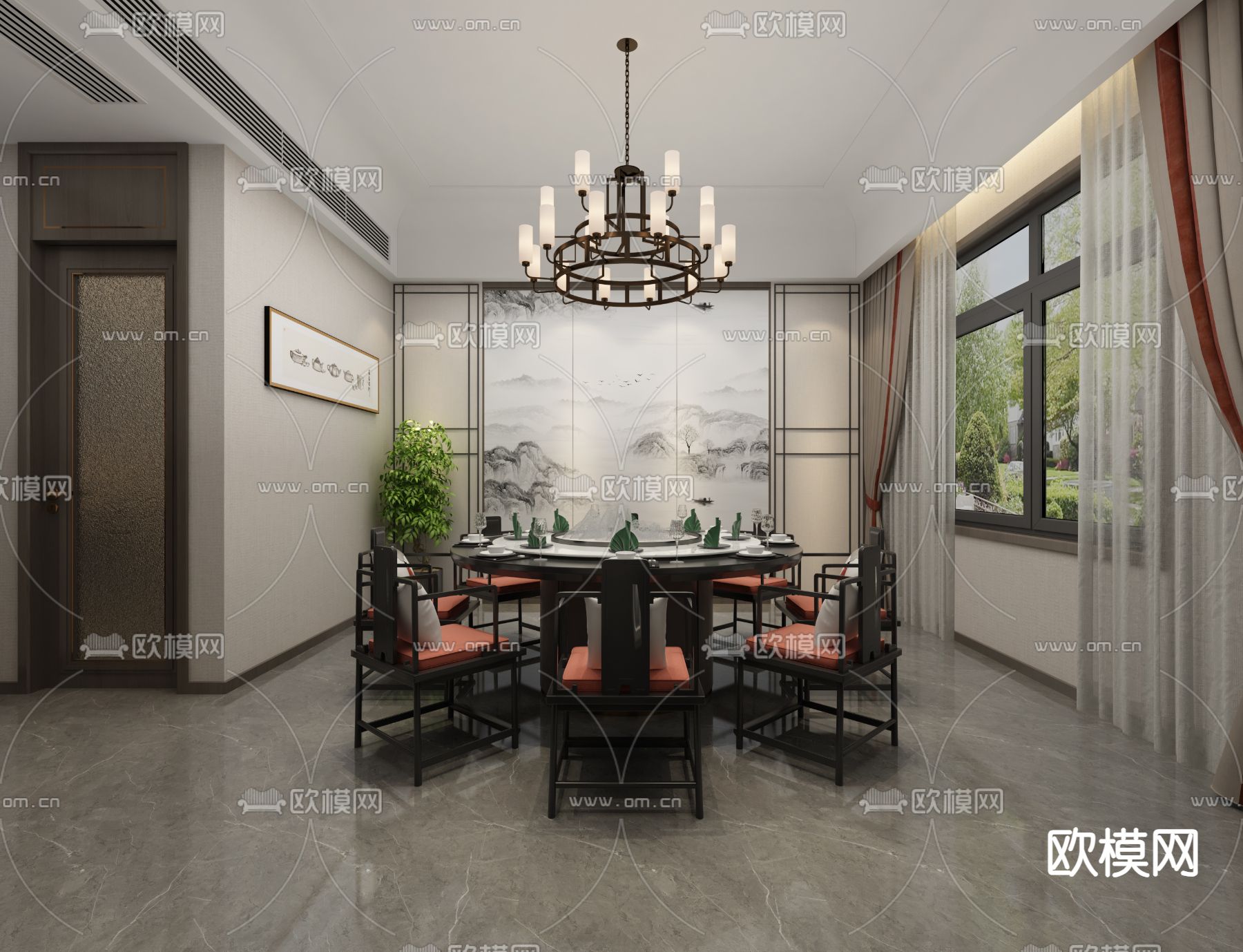 新中式 餐厅包间3d模型下载（渲染图2）