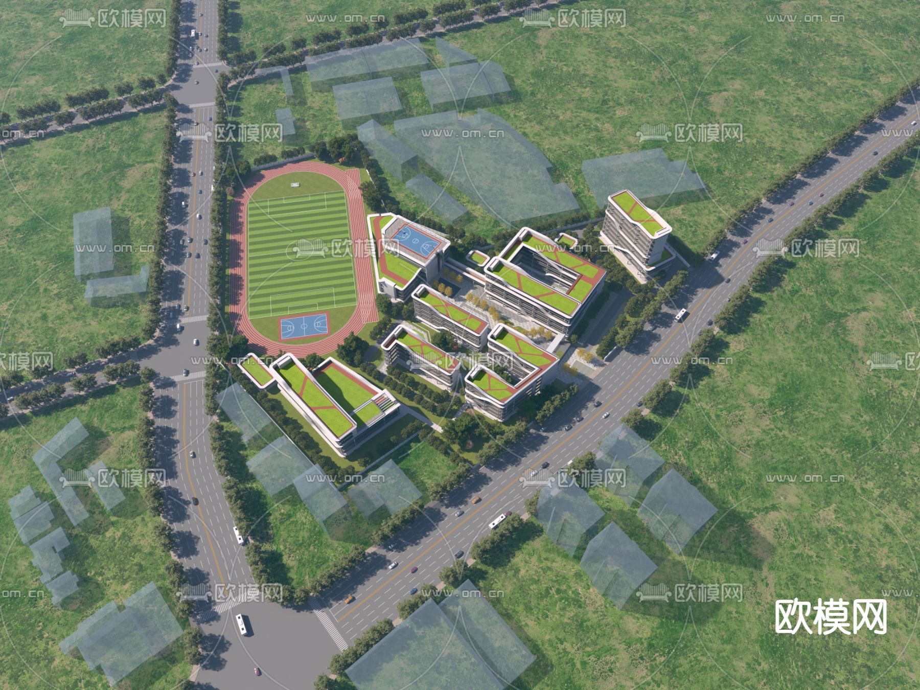 现代学校鸟瞰图3d模型下载