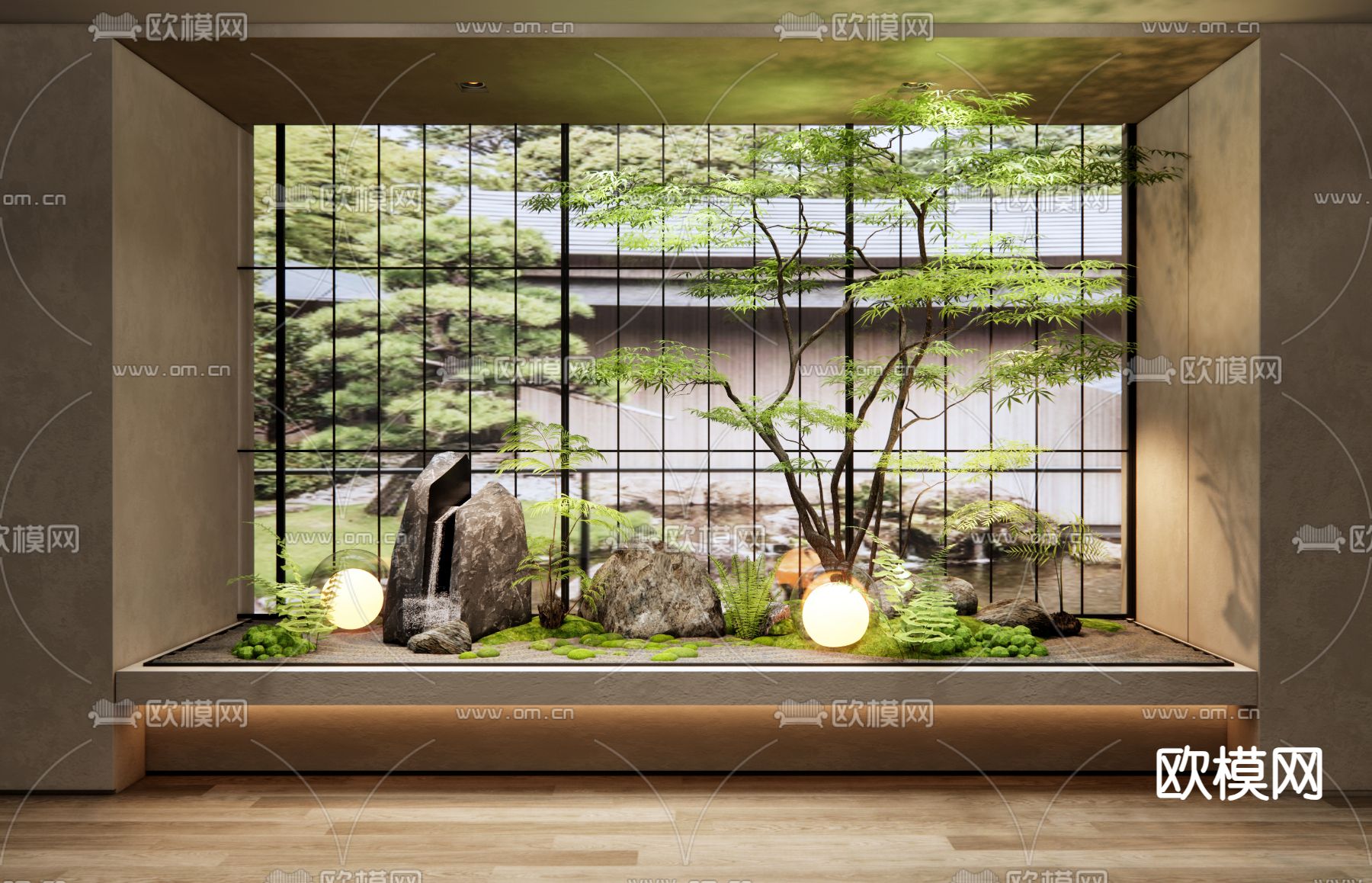 新中式室内庭院小品 玄关造景3d模型下载