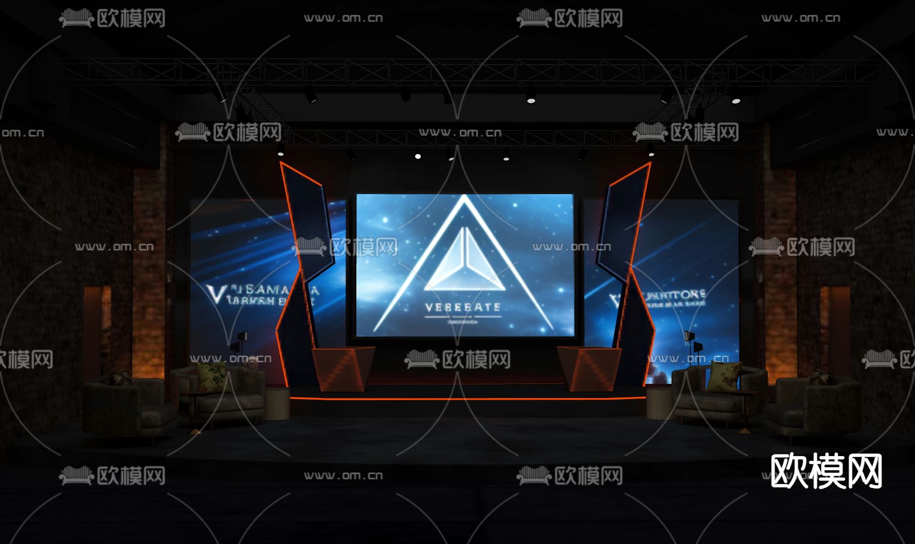 科技感直播间 演播室 访谈室 路演室su模型下载（渲染图2）
