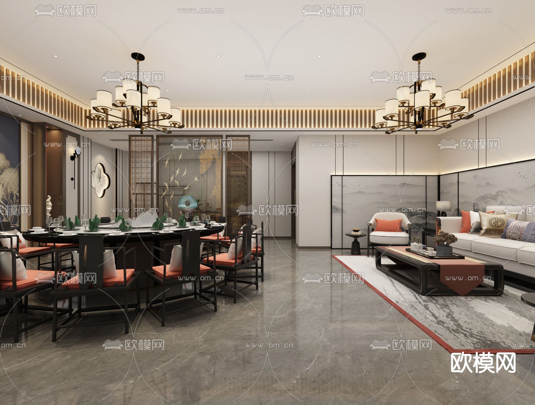 新中式 餐厅包间3d模型下载（渲染图1）