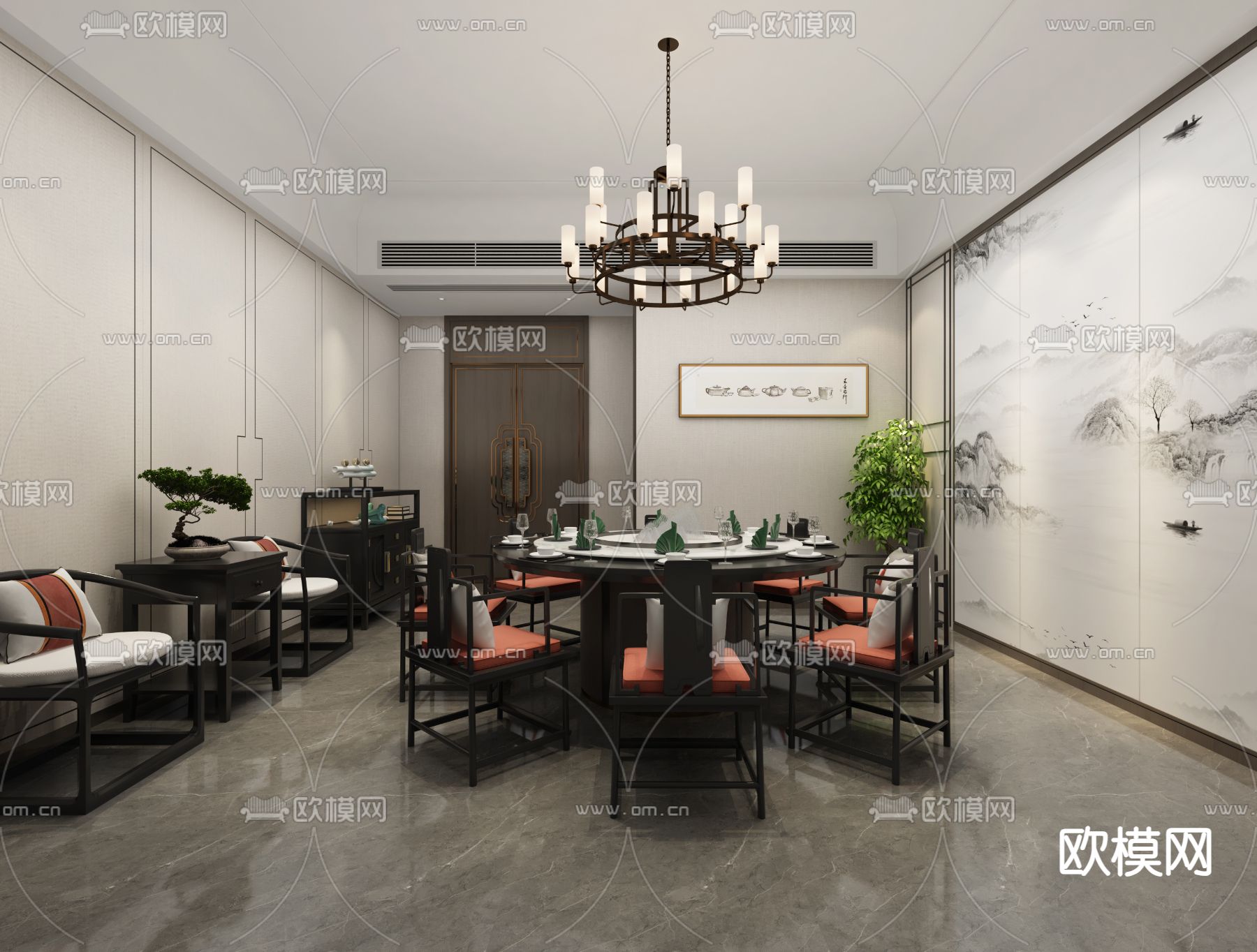新中式 餐厅包间3d模型下载（渲染图3）
