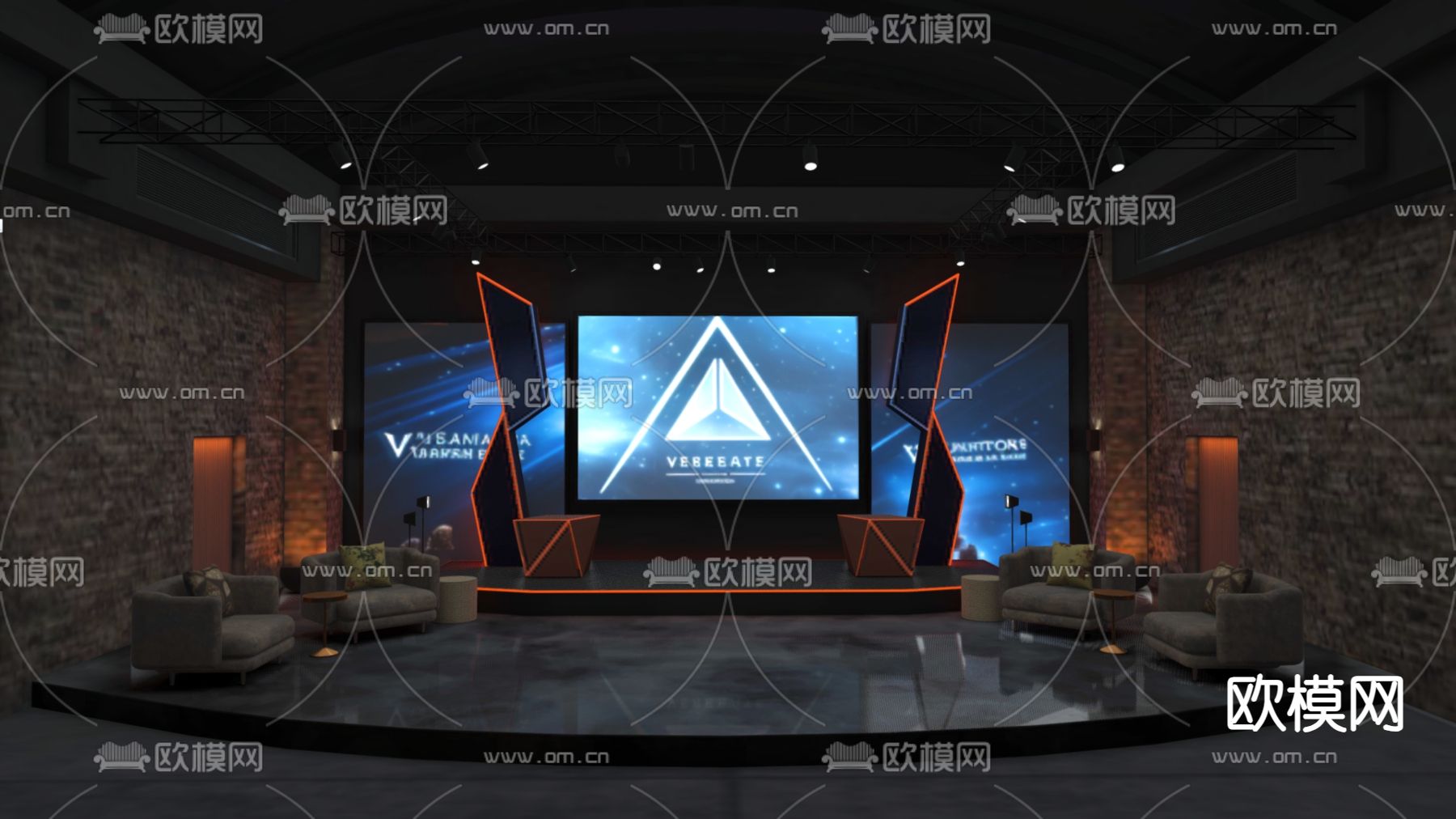 科技感直播间 演播室 访谈室 路演室su模型下载（渲染图3）