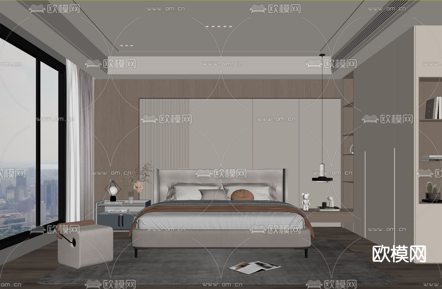 奶油风卧室 主人房su模型下载（渲染图1）