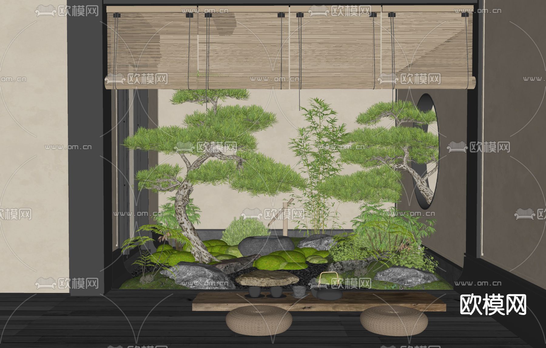 新中式天井 庭院景观su模型下载（渲染图2）