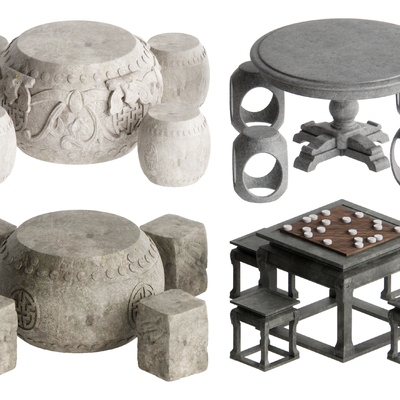  中式石桌椅 石桌 石凳su模型 