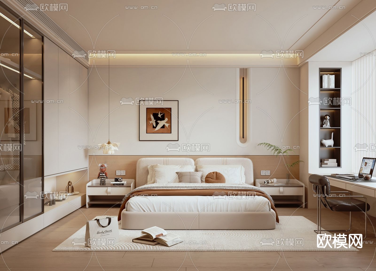 奶油风卧室 主人房3d模型下载