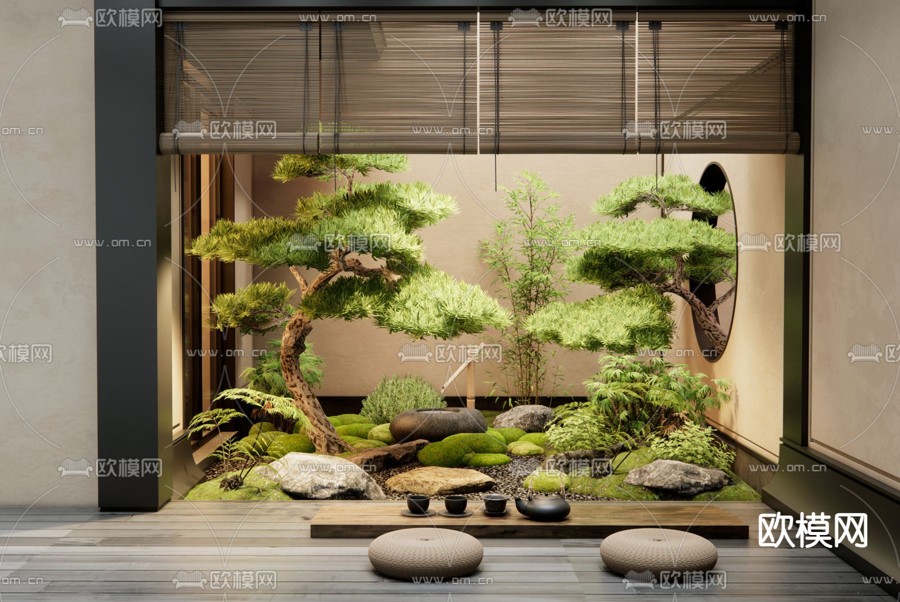 新中式天井 庭院景观su模型下载（渲染图1）