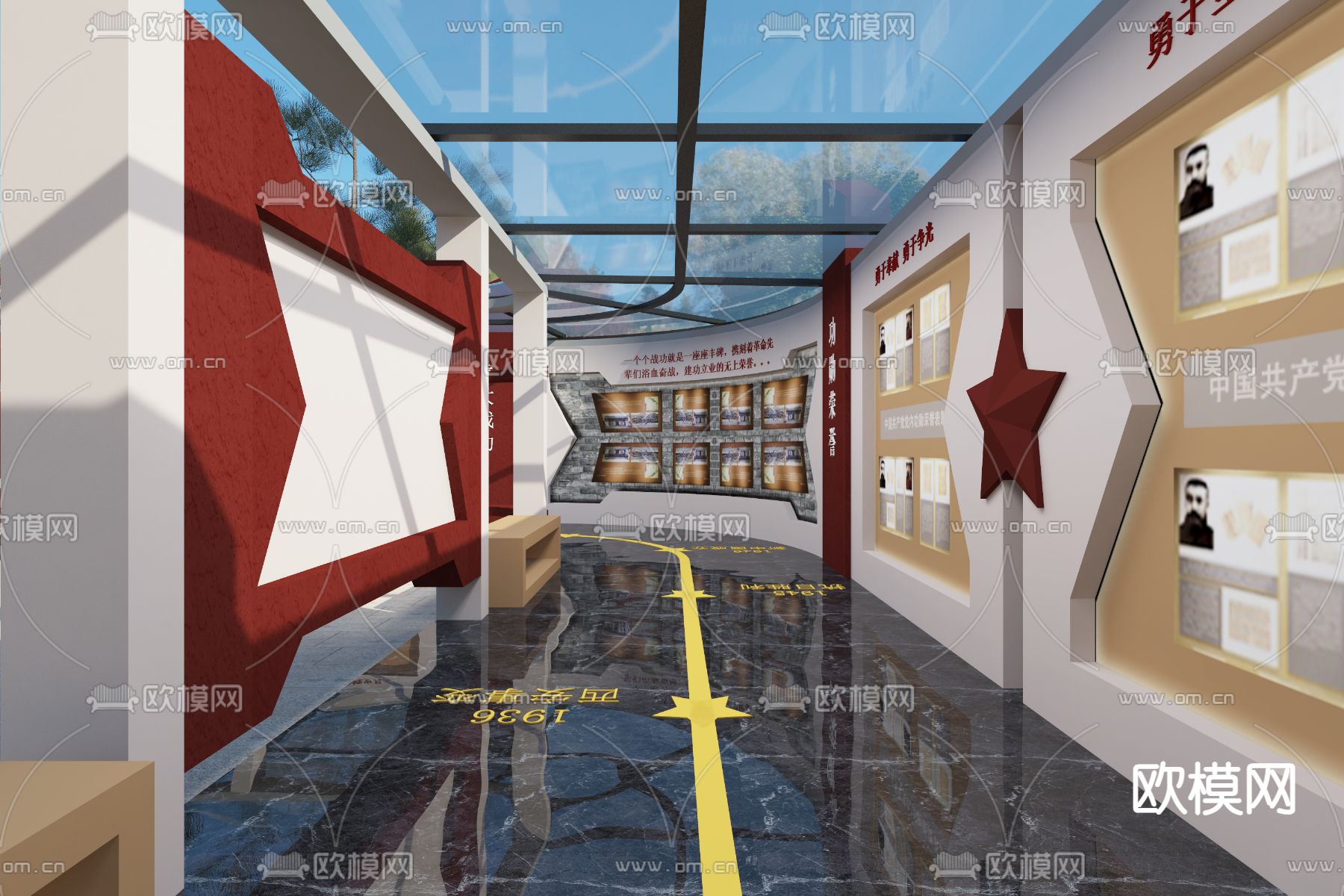 党建长廊 革命长廊3d模型下载（渲染图1）
