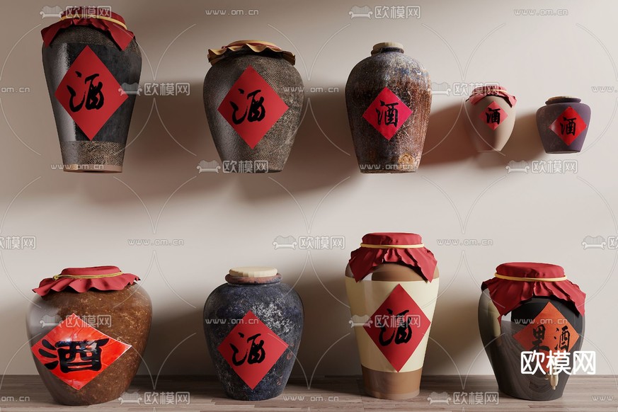 中式酒缸 酒坛 陶罐酒水3d模型下载