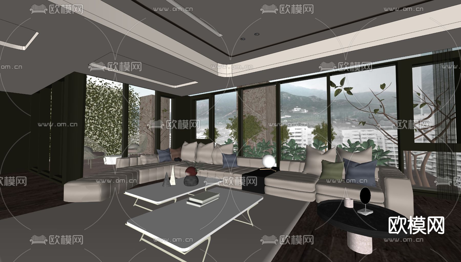 高级灰客厅su模型下载（渲染图2）