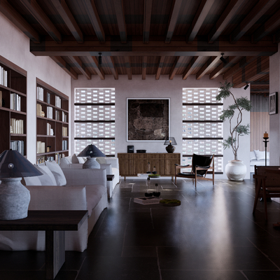  侘寂风民宿客厅 大厅 大堂su模型 