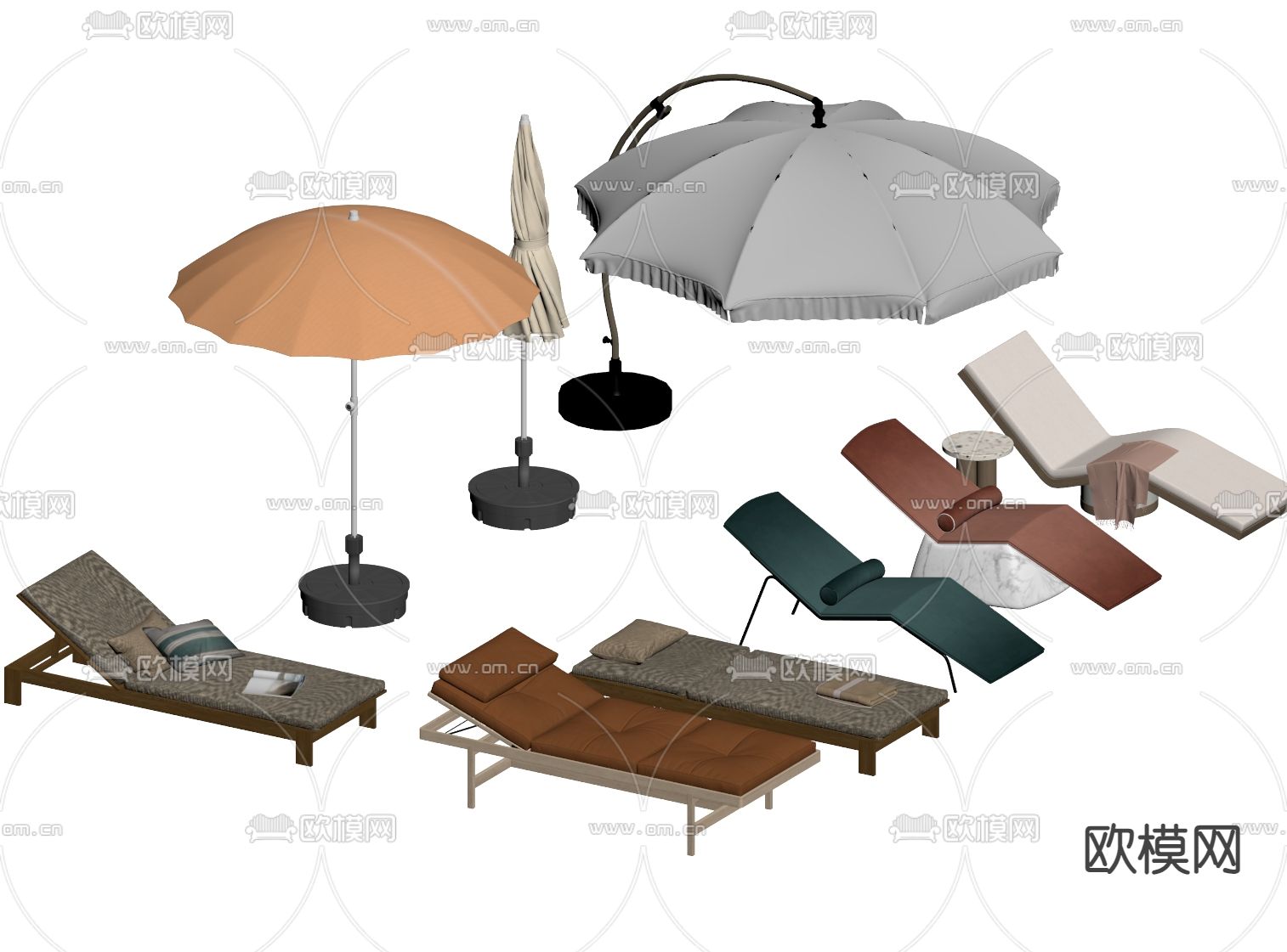 沙滩椅 户外躺椅 遮阳伞su模型下载（渲染图2）