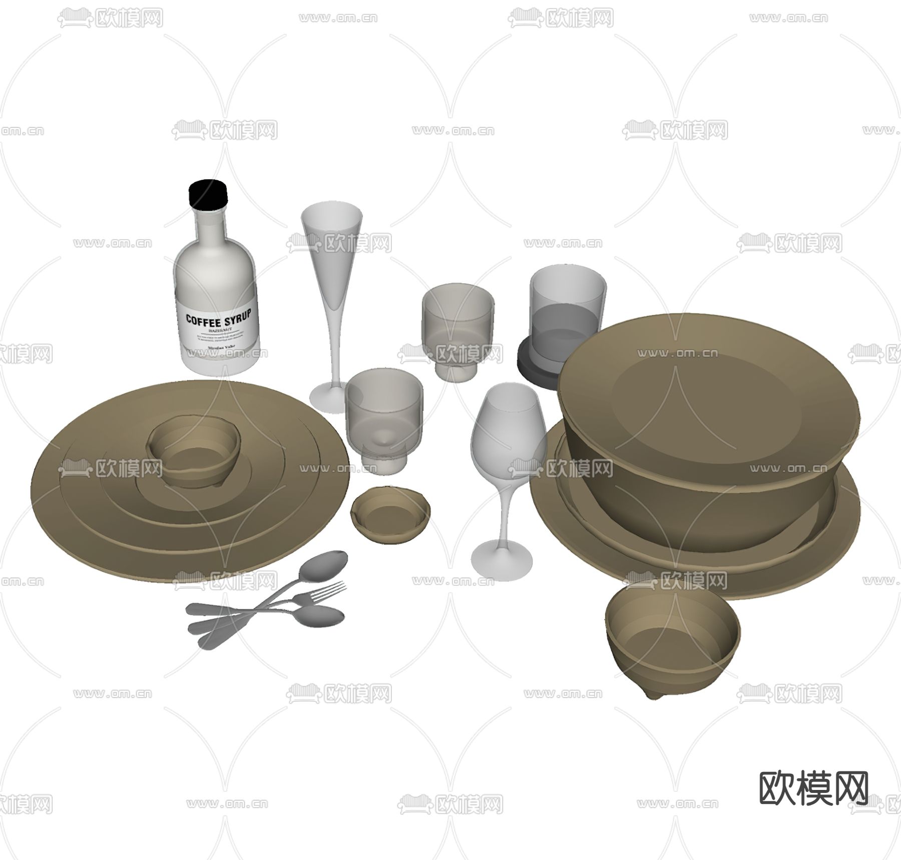 餐具 厨房用品 玻璃杯 杯子 玻璃杯 碗 罐子su模型下载（渲染图2）