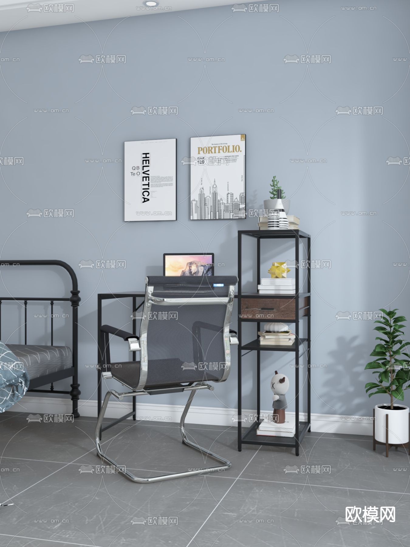 工业风书桌椅3d模型下载（渲染图1）