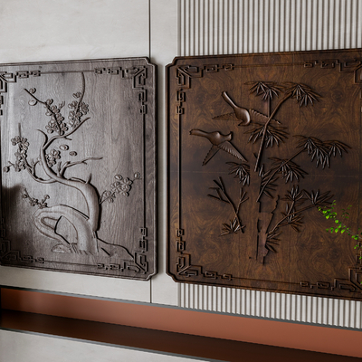  新中式木雕墙饰su模型 