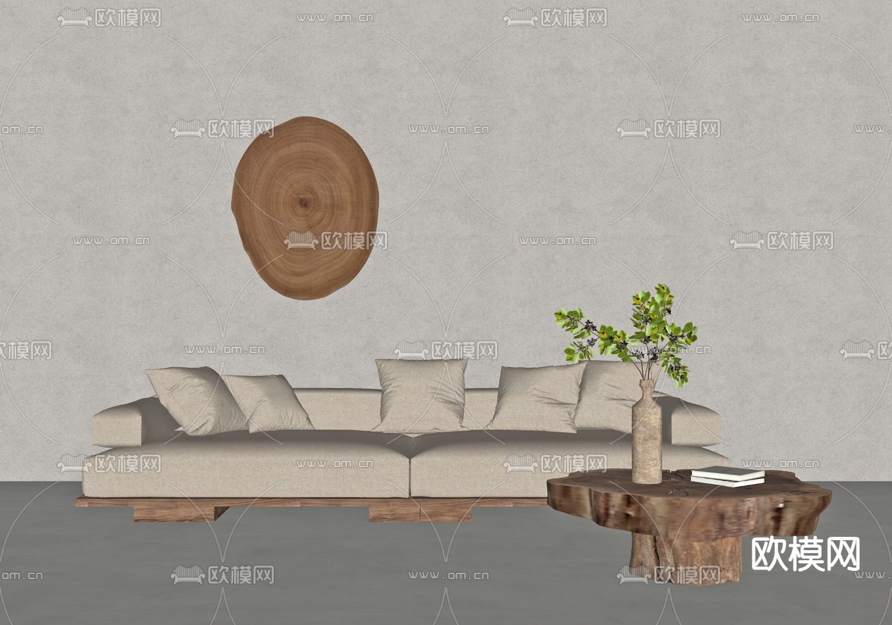 侘寂风多人沙发su模型下载（渲染图1）