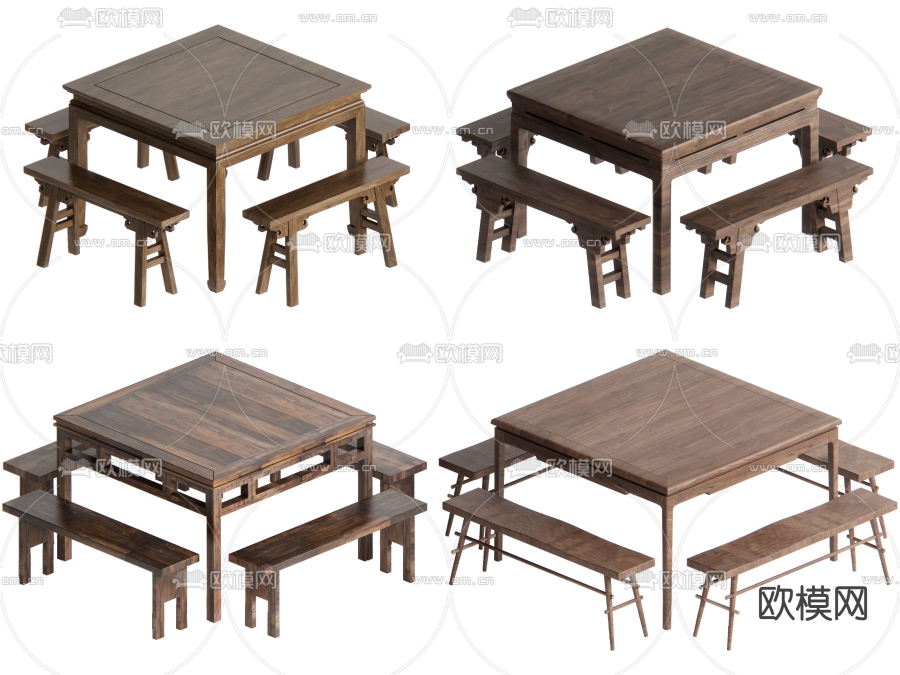 中式八仙桌 餐桌椅su模型下载（渲染图1）