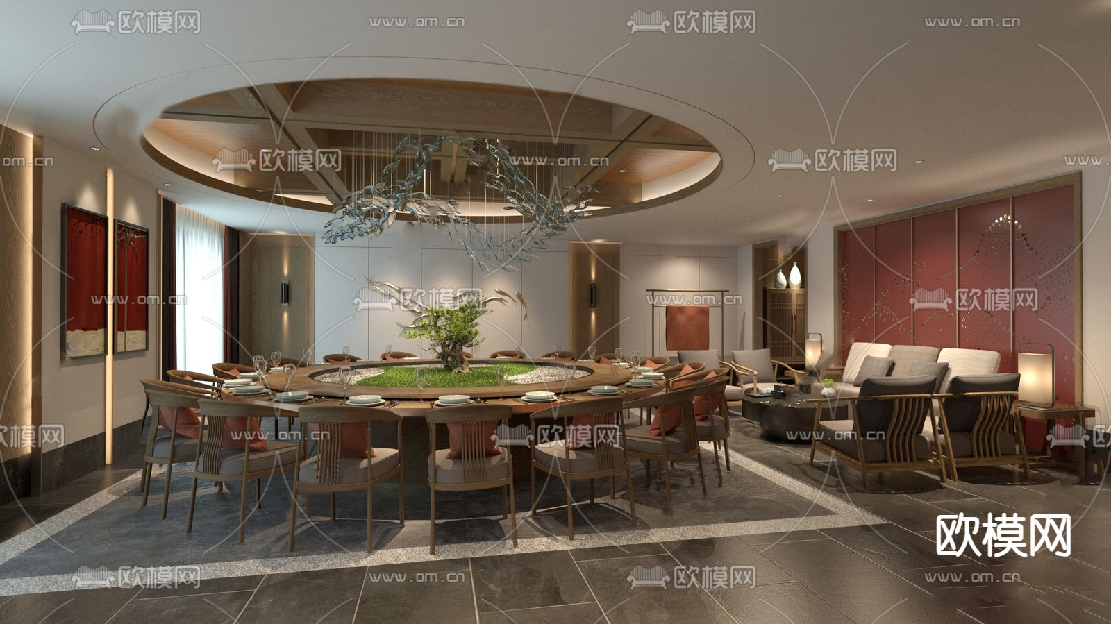 新中式中餐厅包厢su模型下载（渲染图2）