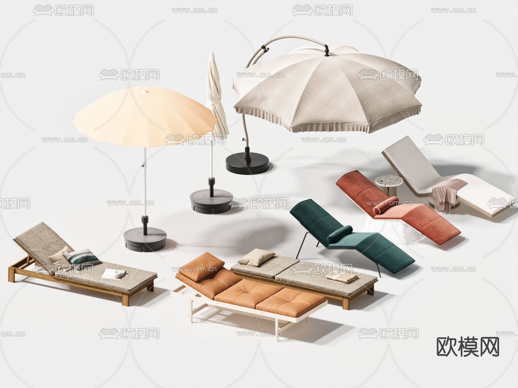 沙滩椅 户外躺椅 遮阳伞su模型下载（渲染图1）