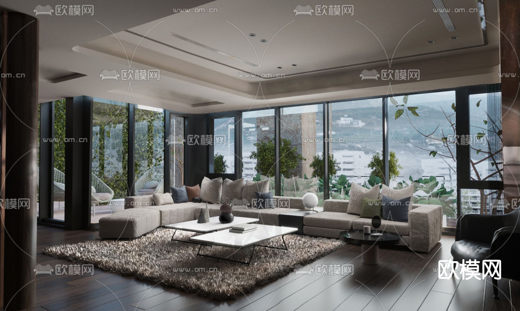 高级灰客厅su模型下载（渲染图1）