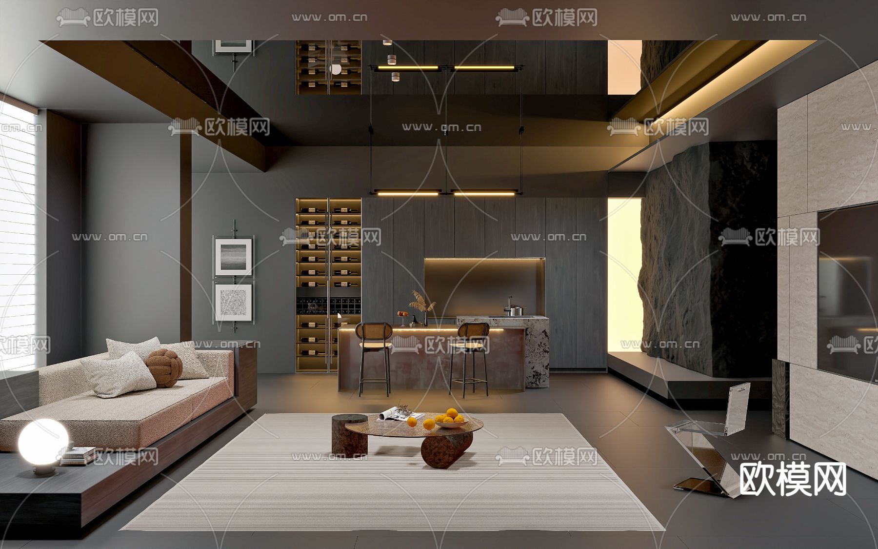 暗黑风客厅su模型下载（渲染图2）