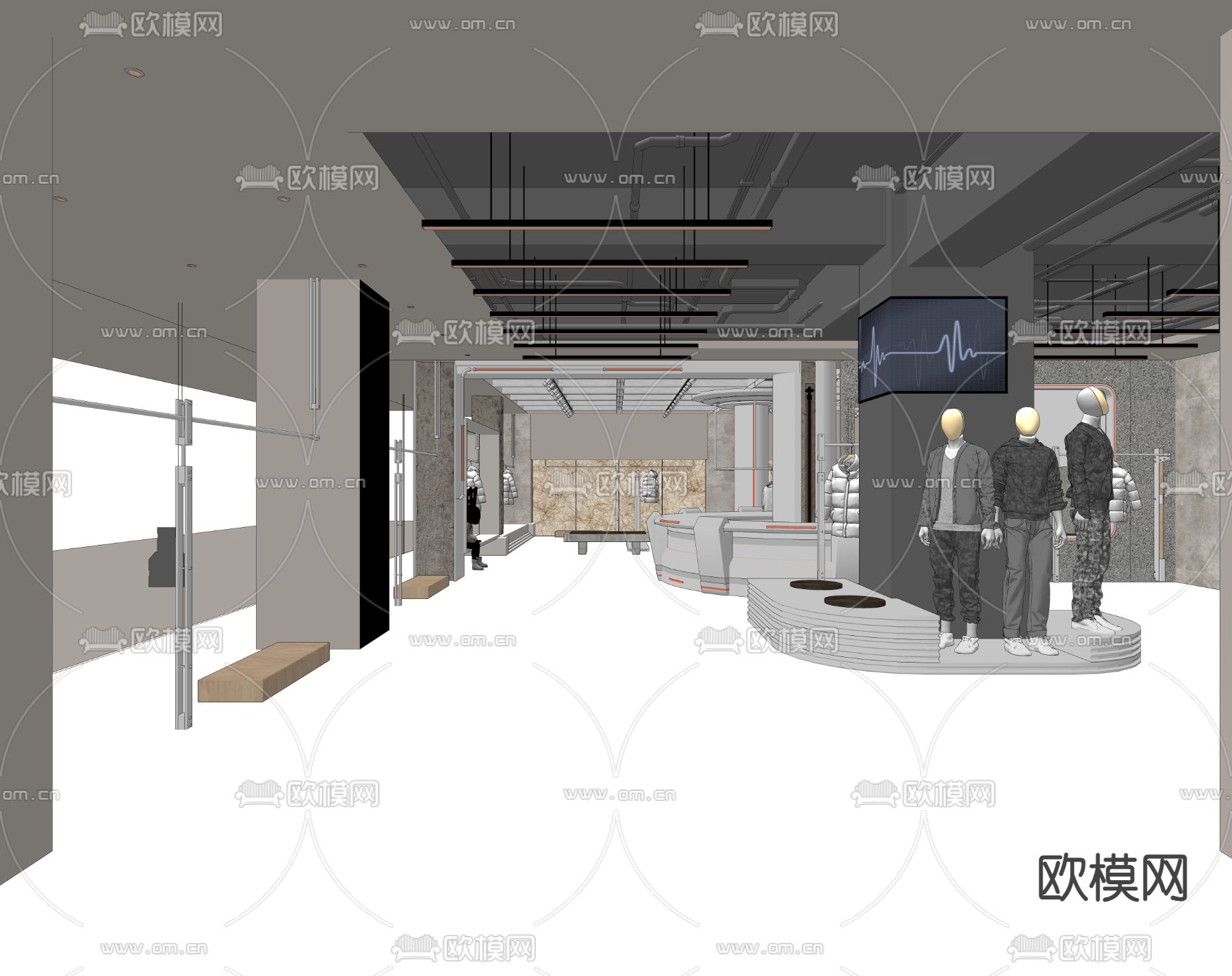 工业风潮牌男装 服装店su模型下载（渲染图1）