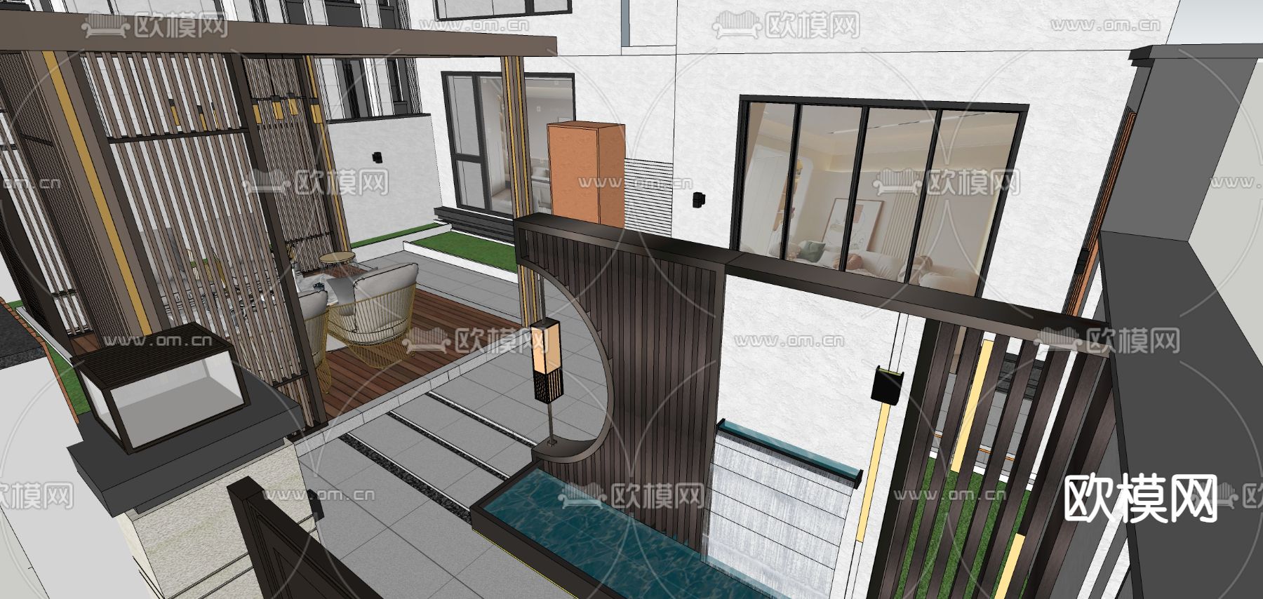 新中式别墅庭院 花园su模型下载（渲染图1）