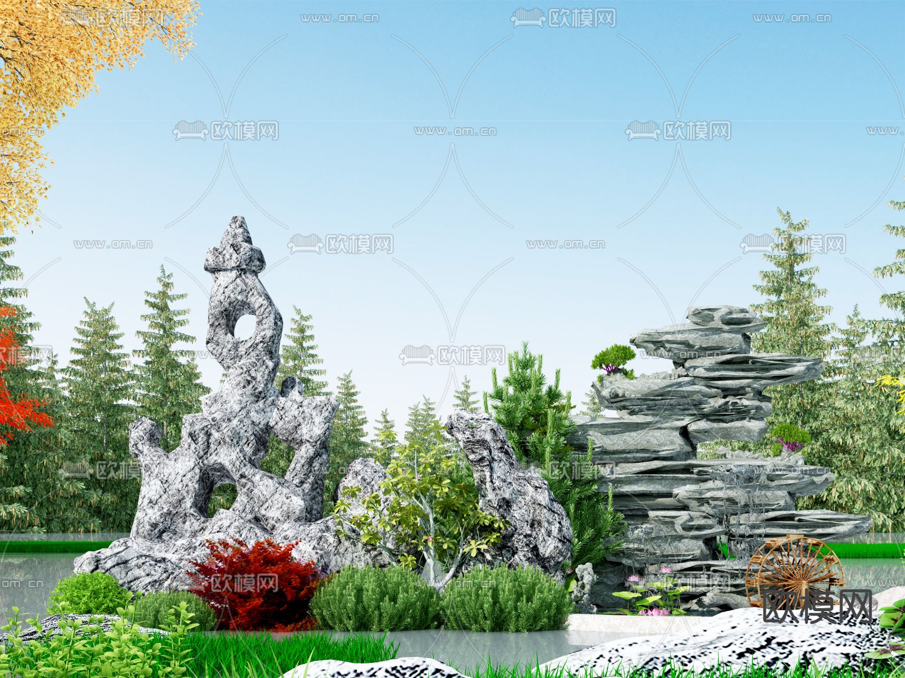 新中式假山 瀑布流水 水车3d模型下载