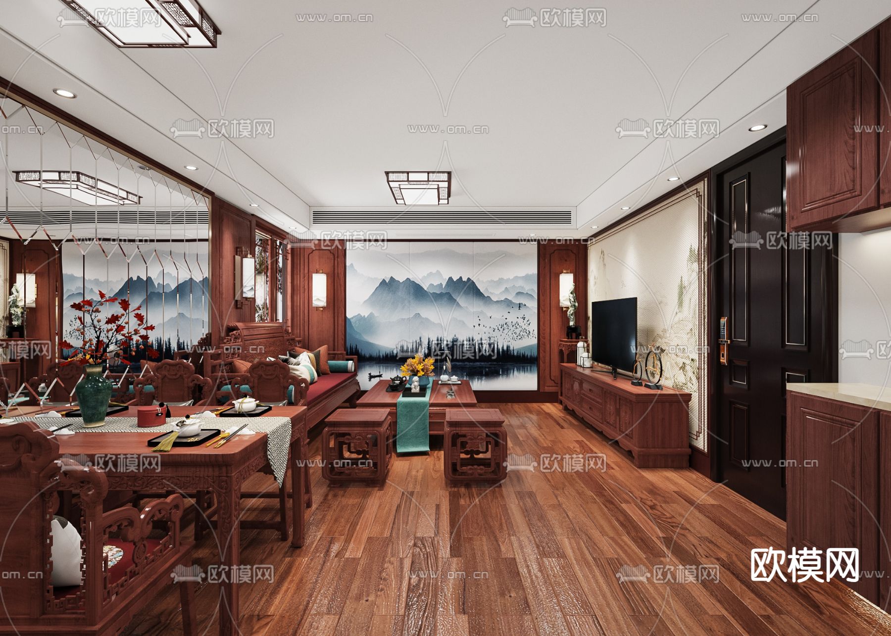 中式客餐厅3d模型下载（渲染图2）