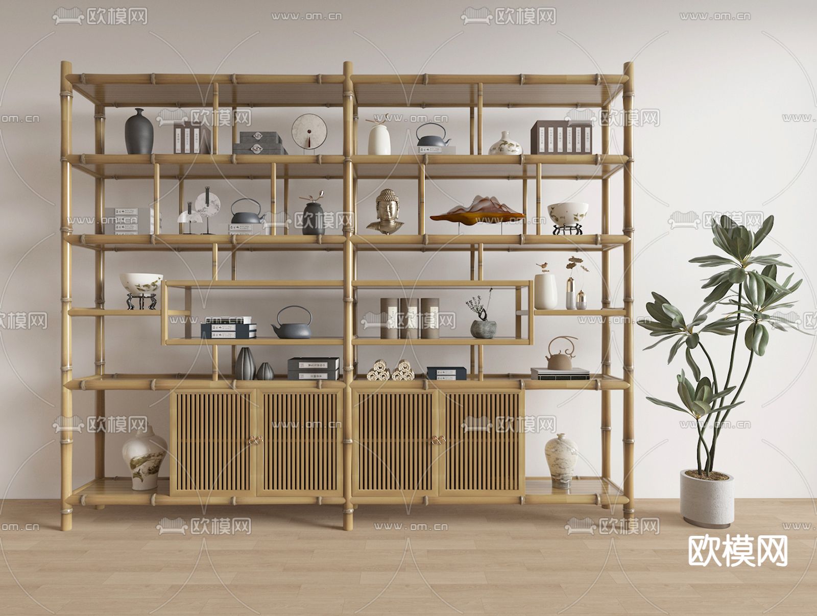 新中式博古架su模型下载（渲染图2）
