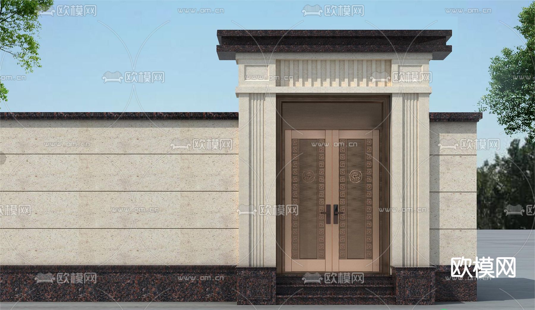 新中式庭院门 别墅大门3d模型下载