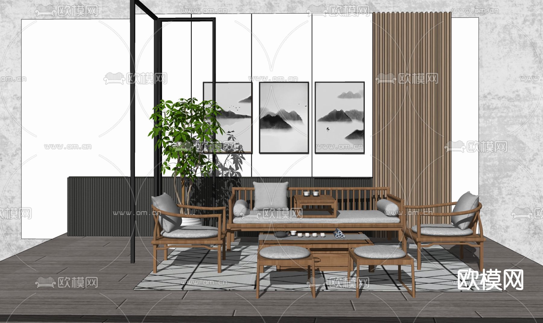 新中式沙发 组合沙发su模型下载（渲染图2）