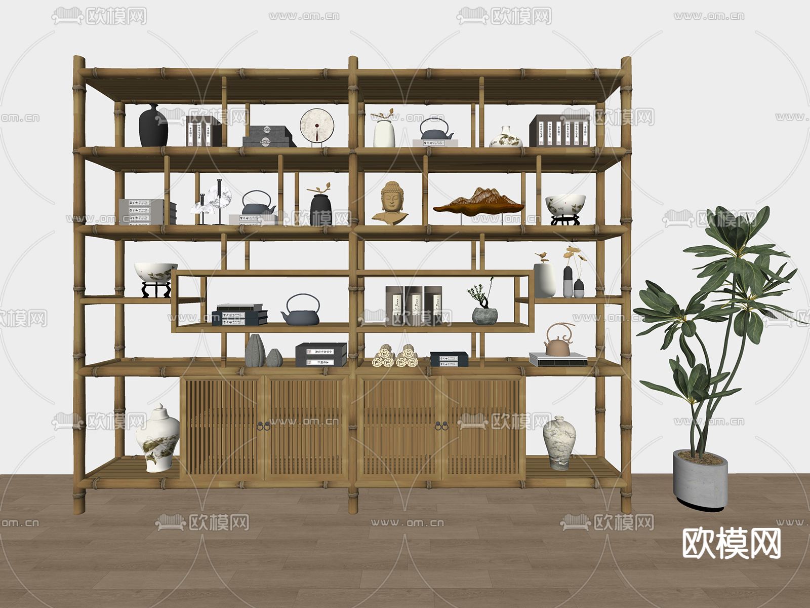 新中式博古架su模型下载（渲染图1）