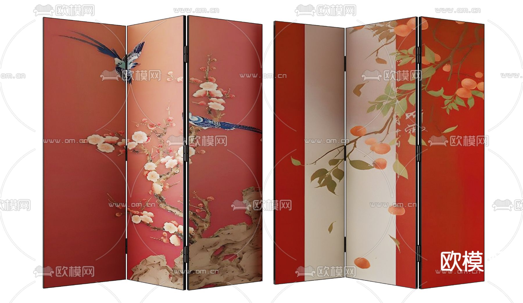 新中式花鸟屏风3d模型下载