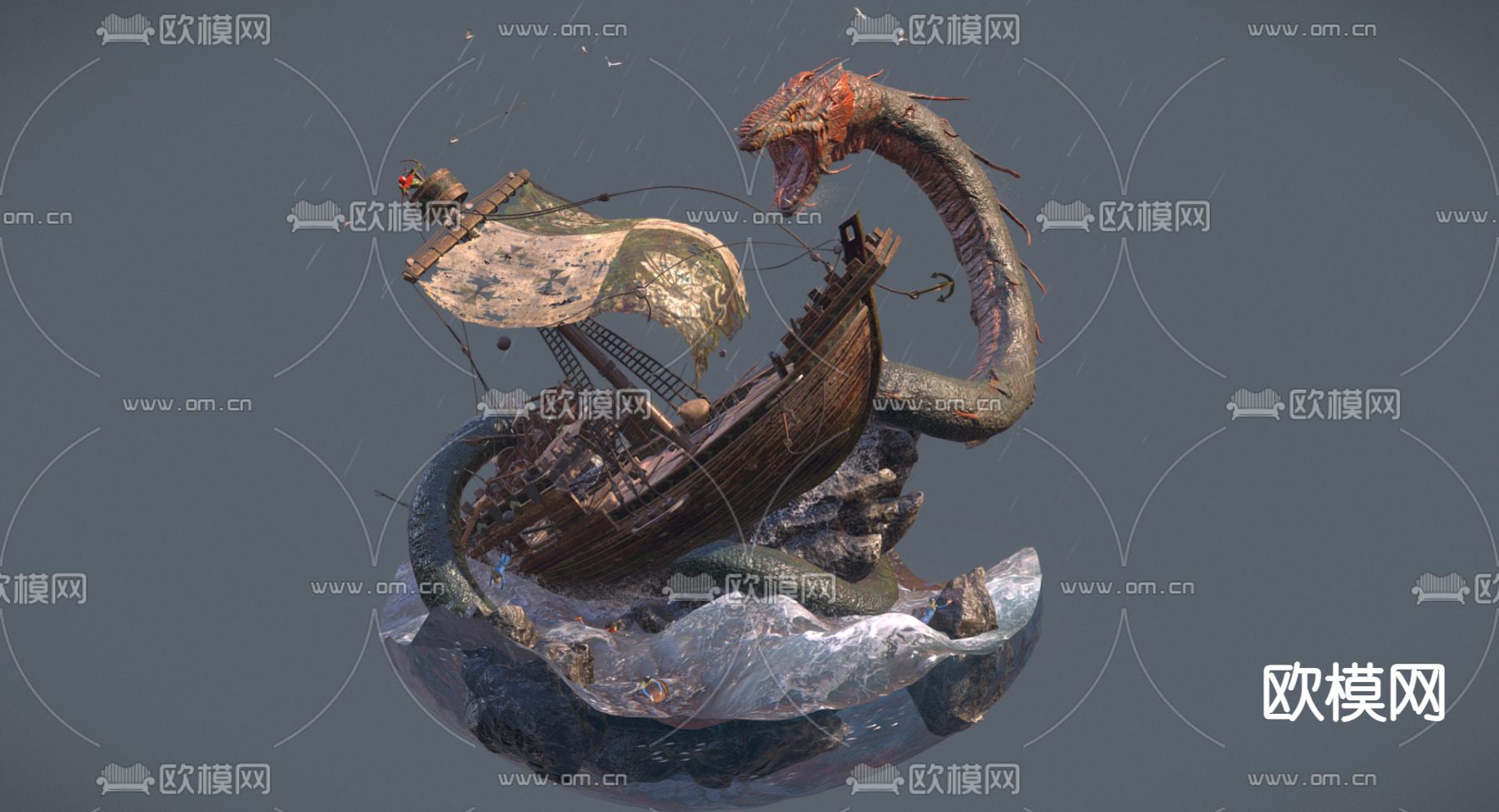 新中式齿轮船战斗手办3d模型下载（渲染图1）