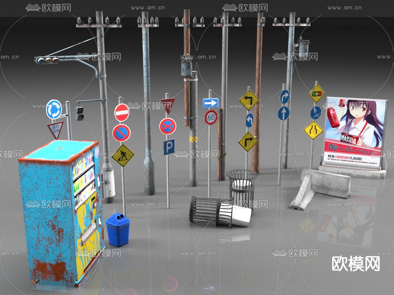 交通标志 信号灯 电线杆3d模型下载