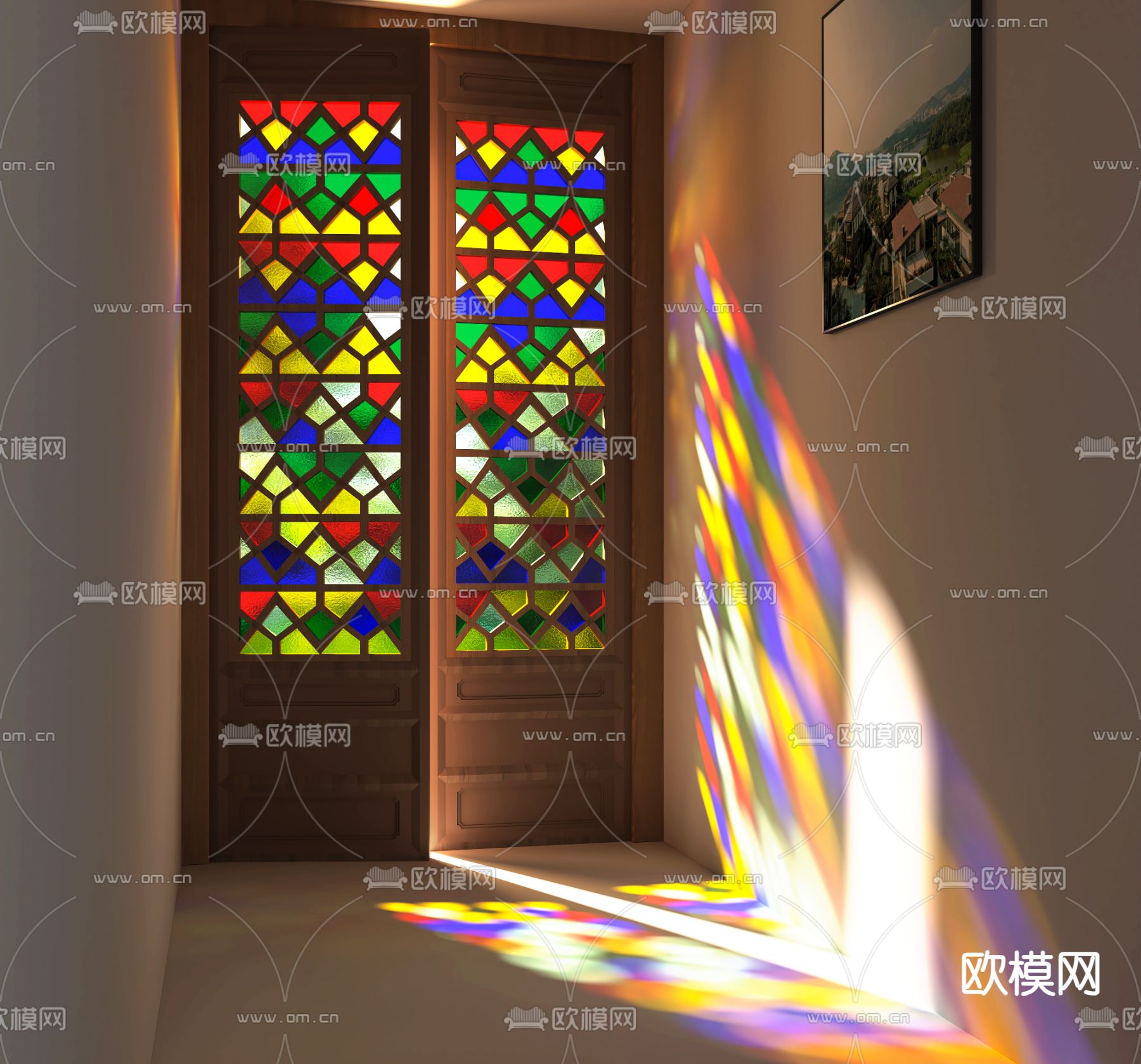 中式彩色木门3d模型下载