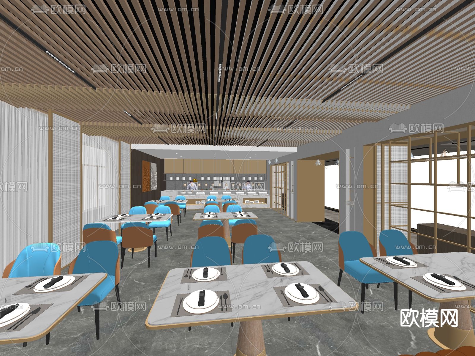 现代西餐厅su模型下载（渲染图1）