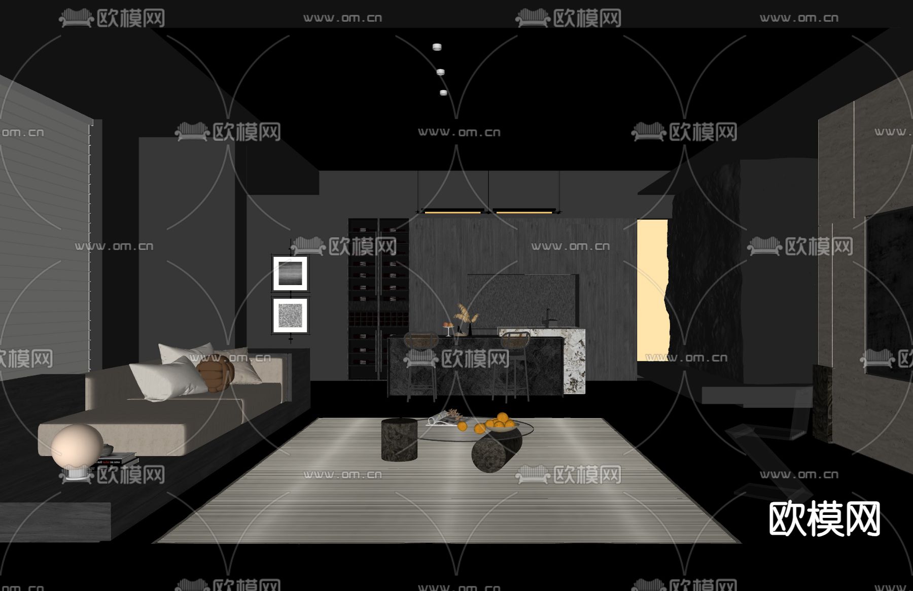 暗黑风客厅su模型下载（渲染图1）