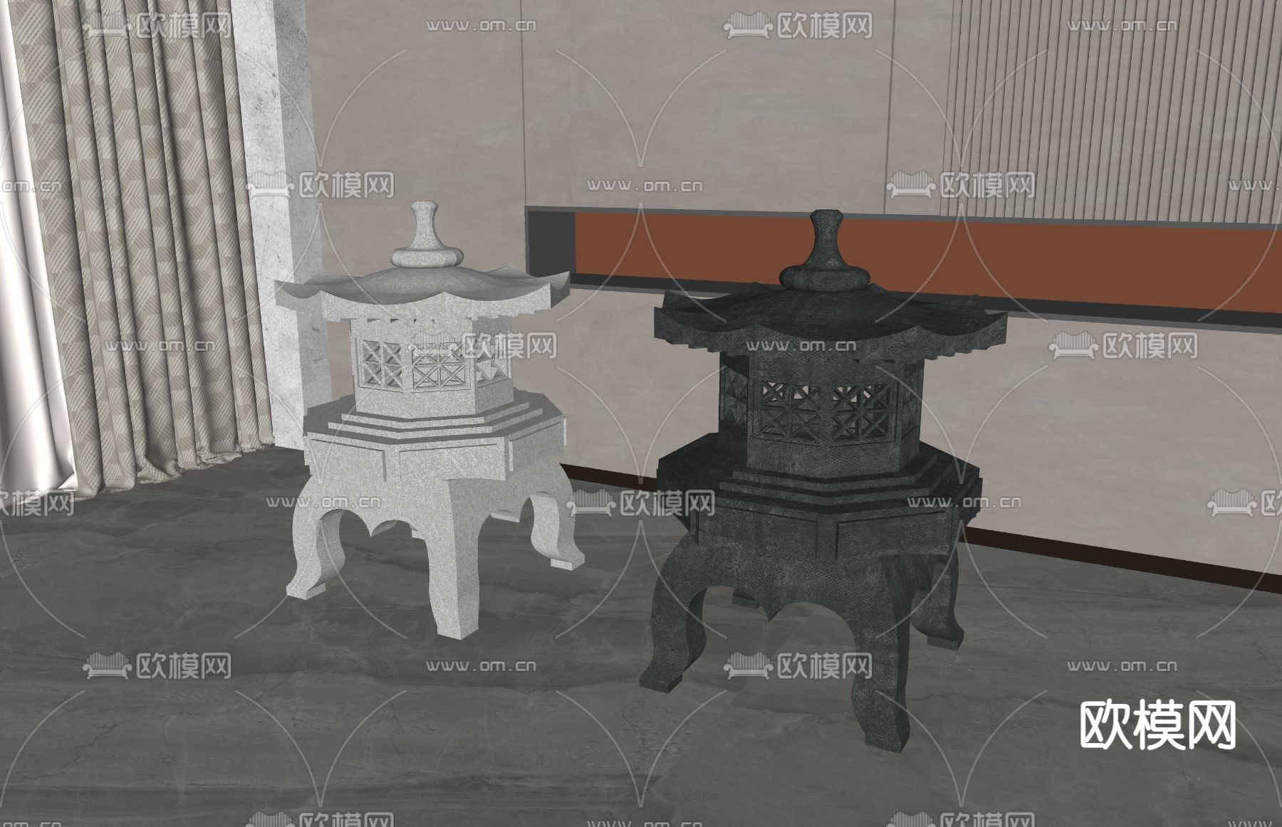 新中式石灯 庭院路灯su模型下载（渲染图2）