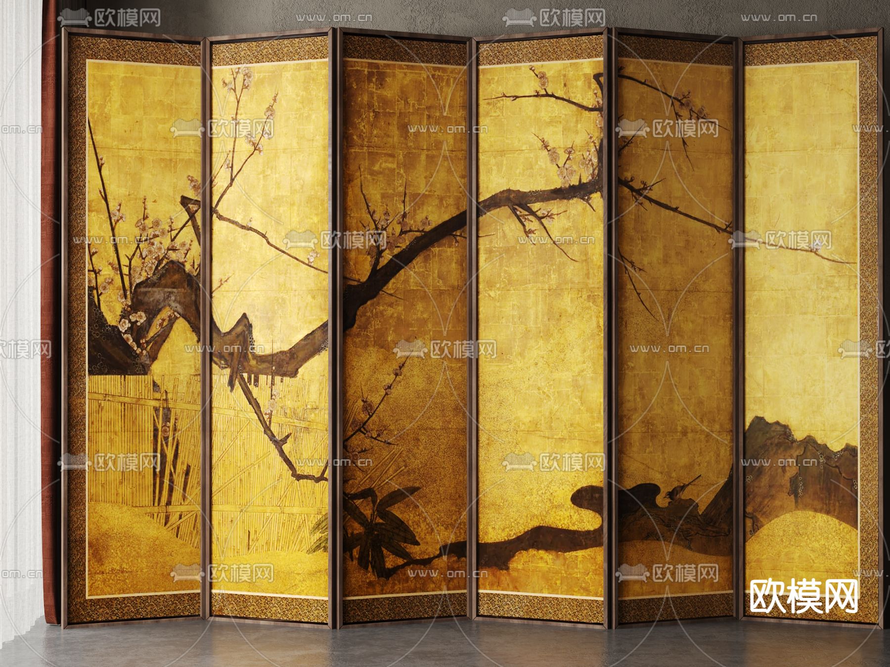 新中式折叠屏风su模型下载（渲染图1）