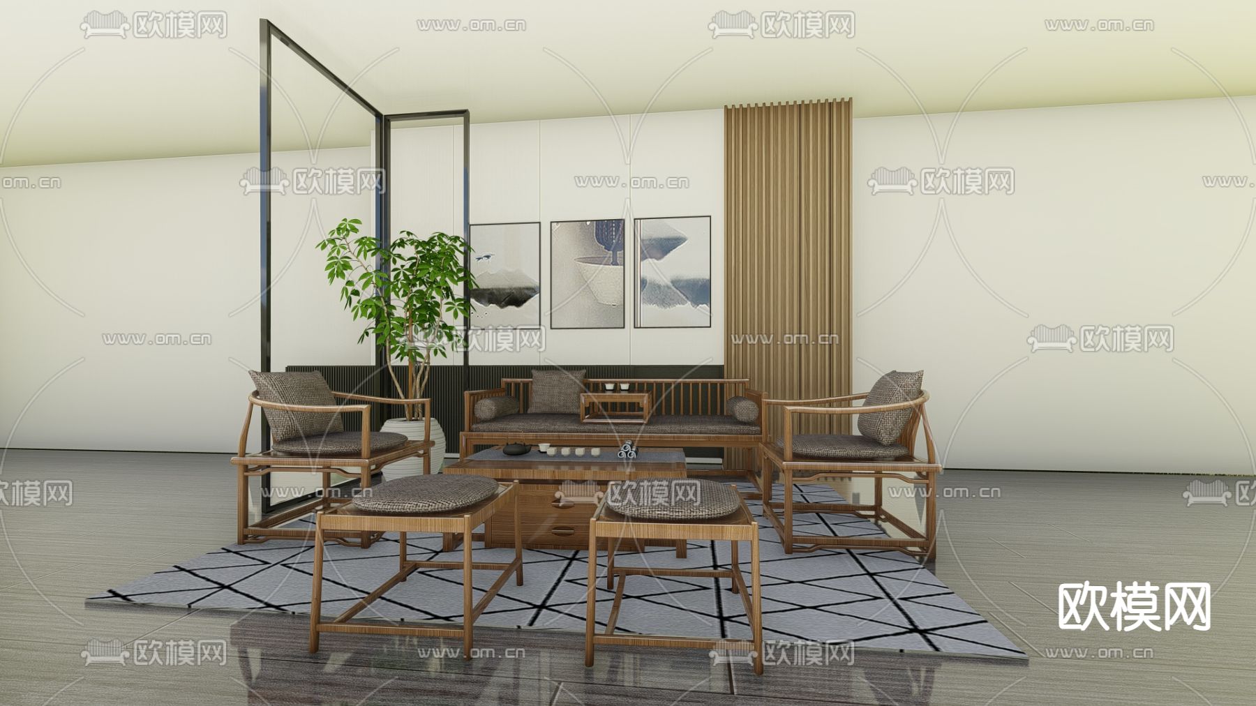 新中式沙发 组合沙发su模型下载（渲染图1）