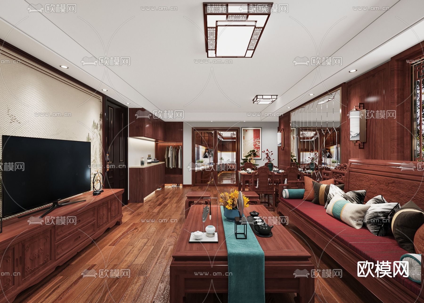 中式客餐厅3d模型下载（渲染图1）